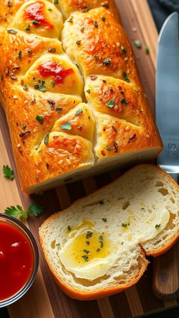 Golden brown garlic bread loaf with melted butter and herbs, served on a cutting board with a knife and marinara sauce.